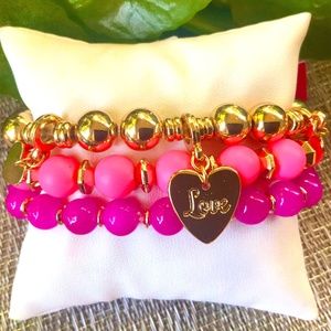 LILLY PULITZER NWT Bracelet Set  🩷 PINK LOVE HEART CHARM TRIO STRETCH /BEADED…